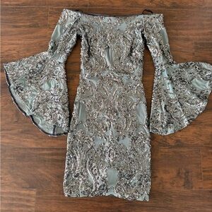 Sequined mini aqua dresses Sz 6 off shoulder